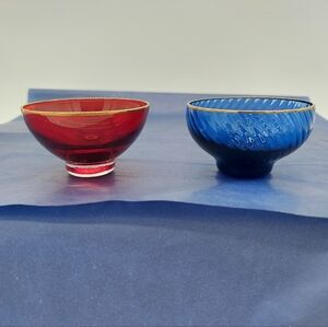 Red and Blue Glass Sake Cups Gold Rimmed